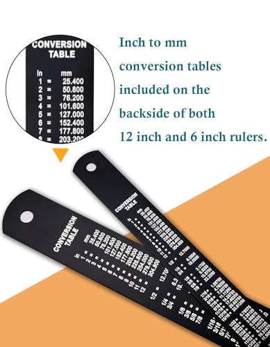 Metal Ruler Kit 12 Inch and 6 Inch, Stainless Steel Rulers with Centimeters, Millimeters, Inches and Conversion Table for Office and School, Easy to Read Metric Rule Set, 2 Pack