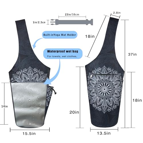 Yoga Mat Bag - Large Opening Long Tote Yoga Mat Carrier Holder Bag with Waterproof Wet Zipper Pocket and Drawstring Water Bottle Pocket - Yoga Bag Fit Most Size Mats - color: Mandala