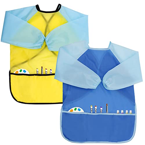 2 Pack Kids Art Smocks Children's Artist Apron Painting Smock with Long Sleeve and 3 Pockets for Age 3-8 - color: Light Blue & Yellow