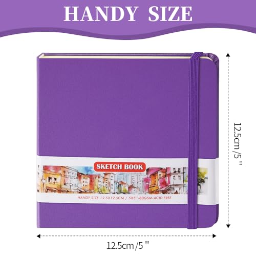 5x5 Pocket Sketch Book,80gsm Hardcover Art Sketchbook for Drawing Journal | PU Cover,Blank Paper,96Sheets/192Pages,Lay-Flat,Portable Travel Creation Paint Diary Memo Planner,Dry Media.Purple - color: PU Cover-5x5in-Purple