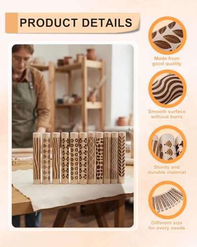eZAKKA Pattern Rolling Pin for Pottery Ceramics and DIY Handcrafts 5 Pcs | 4.3 Inch Wooden Clay Texture Rollers Set for Embossing Modeling and Crafting - size: 5