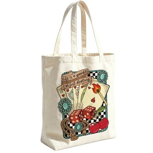 VICBOU Western Cow Skull Canvas Tote Bag for Women Girls, Cowgirl Shoulder Bag with Pocket for Beach Shopping Work - color: Poker