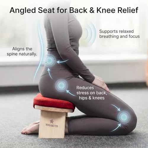 Yogikuti Folding Meditation Bench, Purple | Removable Cushion, Wooden Seiza Kneeling Stool, Ergonomic Meditation Seat, for Home & Yoga Studio, Comfortable Posture (Maroon) - color: Maroon