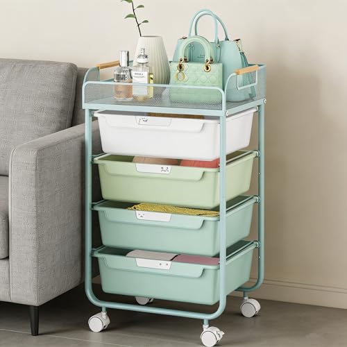 SYKIARIOL 4-Drawer Rolling Storage Cart with Mesh Top,Green | Utility Craft Organizer Cart on Wheels with 4 DIY Labels, Rolling Drawer Cart for Home Office Classroom Bedroom - color: Gradient Green
