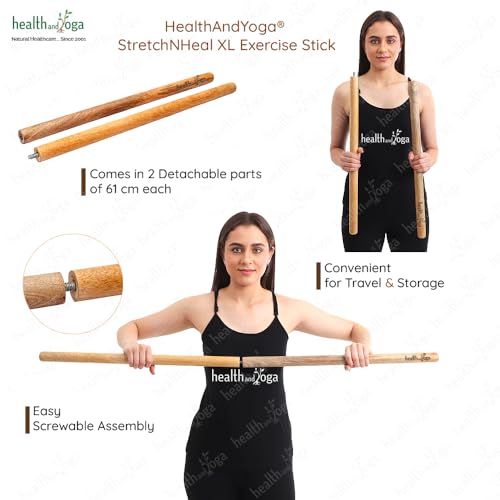 HealthAndYoga™ StretchNHeal Collapsible Multi-Use Wooden Yoga Stick - Regular and XL - Portable Posture Corrector Pole, Stretch Mobility Stick, Physical Workout Exercise Dowel - size: XL - 48" without Sleeve