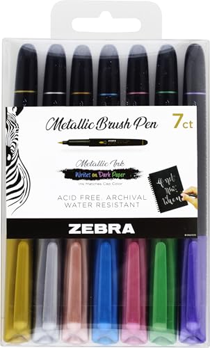 Zebra Pen Metallic Brush Pen, Assorted Ink Colors, Brush Tip, 7-Pack | Acid-Free, Assorted Ink Colors, Brush Tip Mimics Artist's Paint Brush, Ideal for Calligraphy and Hand Lettering (01607) - size: 1 Count (Pack of 7)