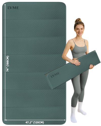 Foldable Yoga Mat 74"x47.2"x 0.4" – Large Yoga Mat | Non-slip, thick 0.4" cushion for comfort, odor-free TPE, for stretching/home gym/outdoor, easy store & carry - color: Deep green+Gray