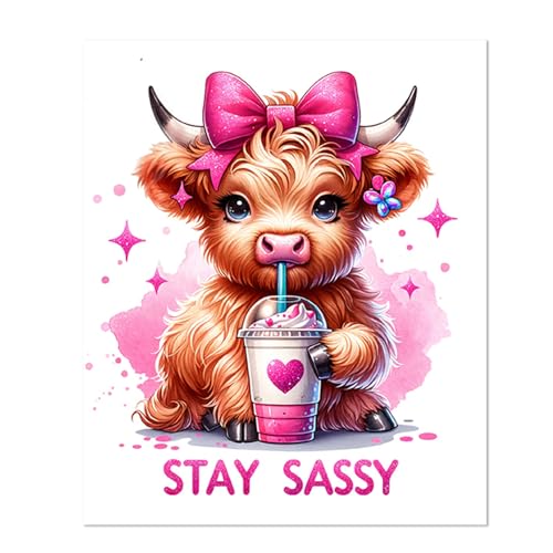 XUNLURY Coquette Pink Bow Highland Cow Diamond Art Kits, Stay Sassy Cute Baby Highland Cow Diamond Painting Kits for Girls Kids Adults Beginners, Full Drill Diamonds Dots for Home Decor, 9.8x11.8 Inch - color: color_8, size: 10 x 11.8 inches