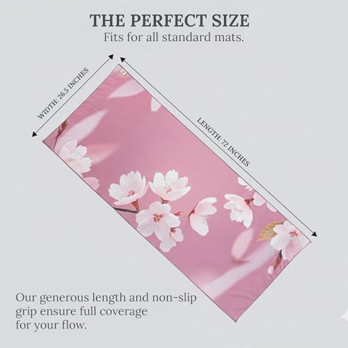 Multipurpose Yoga Mat Towel 72" x 26.5" - Cherry Blossom Design Fitness Towel with Non-Slip Silicone Grip, Quick Drying & Sweat Absorbent for Yoga, Pilates, Gym, Picnic & Outdoor Activities