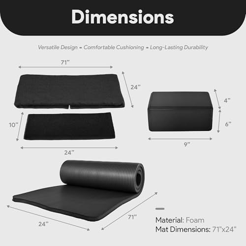 BalanceFrom 7-Piece Yoga Set with 71x24x1 Inches Extra Thick Mat and Carrying Sling – Includes 2 Blocks, Stretch Strap, 2 Towels, and Knee Pad for Home, Studio, and Gym Workouts - color: Black