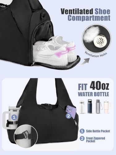RHDZO Gym Bag for Women with Shoe and Wet Compartments, Yoga Mat Holder - color: Black-Upgraded