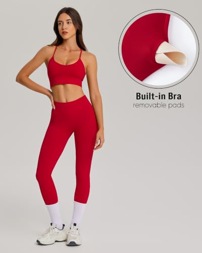 OMKAGI Padded Workout Sets for Women Cross Back Tank Gym Leggings Outfits - color: 772-carmine Red, size: Small