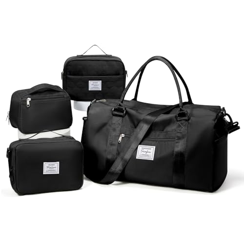 Gym Bag Womens Mens with Shoes Compartment Travel Duffel Bag for Women for Plane Sport Gym Tote Bags Swimming Yoga Weekend Overnight Carry on Bag Hospital Holdalls 4Pcs Set Black - color: P1-Black