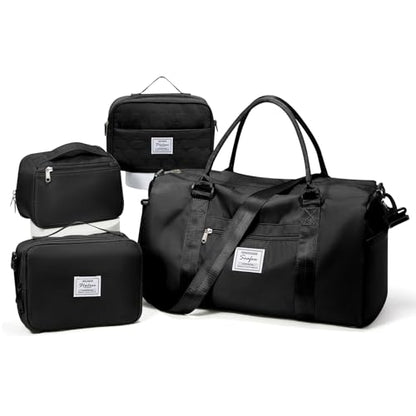 Gym Bag Womens Mens with Shoes Compartment Travel Duffel Bag for Women for Plane Sport Gym Tote Bags Swimming Yoga Weekend Overnight Carry on Bag Hospital Holdalls 4Pcs Set Black - color: P1-Black