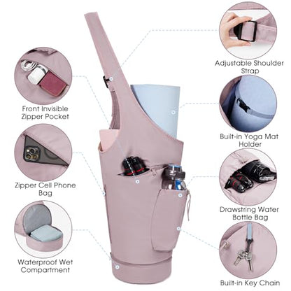 sportsnew Yoga Mat Bag, Large Opening Long Tote Yoga Mat Carrier Holder Bag with Waterproof Wet Pocket and Drawstring Water Bottle Pocket, Adjustable Shoulder Strap Storage Bag, patent pending - color: Pink