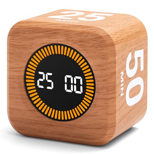 Rotating Productivity Cube Timer, 5/25/10/50 Min Presets, Wood Grain | Gravity sensor with mute function; ADHD-friendly desk timer for work, study, kitchen and back to school - color: Wood Grain Finish