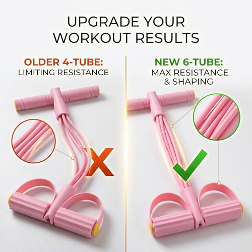 Pedal Resistance Bands with Handles, 6-Tube Sit Up Pull Rope Resistance Trainer, Natural Latex Foot Pedal Exercise Bands for Full Body Workout, Home Fitness Training, Waist, Arms & Legs (Pink)