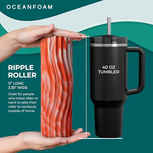 Oceanfoam Ripple Travel Foam Roller (11" x 3.35") Firm Mini Foam Roller for Physical Therapy, Deep Tissue Massage, Back Pain - High Density, Ergonomic Wave Textured - Yoga, Exercise (Orange Marbled)
