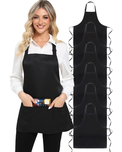 Xeoxarel Black 3 Pockets Bib Apron, Chef Kitchen Cooking Aprons for Unisex | Adjustable Neck Strap, Widely Used to Prevent Clothes from Getting Dirty, Waterdrop, for Restaurant Work, Hairstylist - color: 6 Pack，black