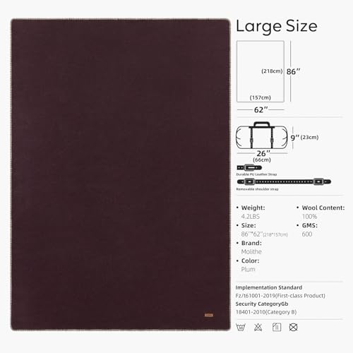 Molithe 100% Wool Blanket, 62" x 86", Warm, Thick, Military, Camping Gear - color: Plum, size: Large