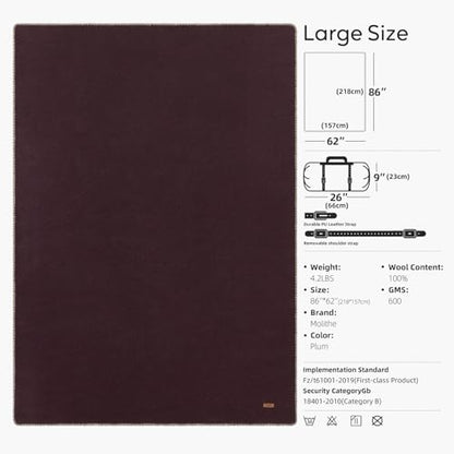 Molithe 100% Wool Blanket, 62" x 86", Warm, Thick, Military, Camping Gear - color: Plum, size: Large