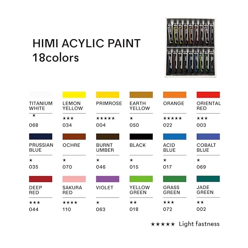 HIMI Acrylic Paint Set,18 Colours, 12ml Tubes,High Viscosity Water Based Paint, Art supplies for Painting Canvas,Fabric,Wood And Paper - color: 18 Colors