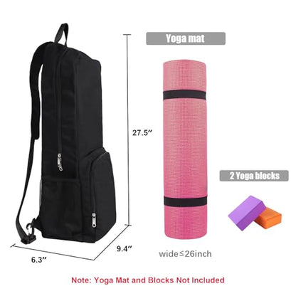 Yoga Mat Bag Carrier with Mesh & Zipper Pockets - color: Black
