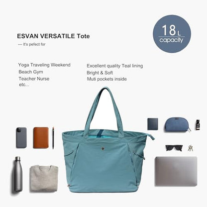 ESVAN Yoga Tote Bag for Women Shoulder Bags Drawstring for Office Workout Travel Carryall Pilates Gym and Beach - color: Nylon Lake Blue