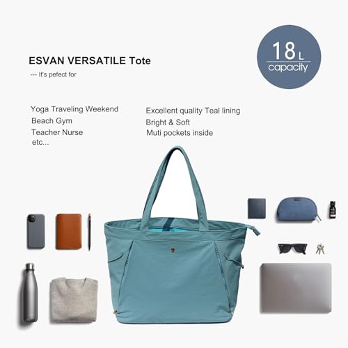 ESVAN Yoga Tote Bag for Women Shoulder Bags Drawstring for Office Workout Travel Carryall Pilates Gym and Beach - color: Nylon Lake Blue