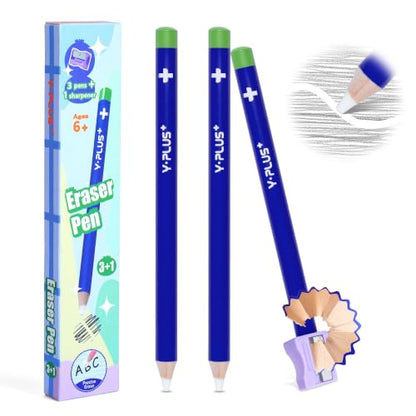 YPLUS Detail Eraser Pencils with Sharpener, Blue, School Supplies, 3 Pcs | Fine Detail Erasing, Sharpener Included, for Sketching, Charcoal Drawings, Pencil Work, and Geometry - color: Blue