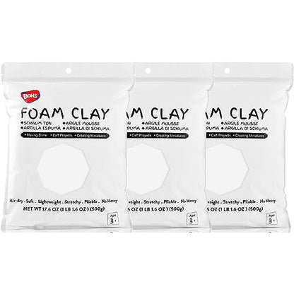 BOHS Foam Clay, White Air Dry Modeling Clay, 3.3 lb, 3-Pack | Soft and stretchable; EVA and polystyrene foam detailing; cosplay props, fake bakes and slime making; resealable bags - color: White, size: 1500 g