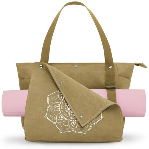 Gonex Yoga Mat Bag For Women Canvas Tote Pilates Gym Bag With Mat Carrier | Front-Opening Quick Access Mat Straps, Durable Cotton Canvas, Machine Washable, Bottle Holder Multi Pockets, Yoga Gym Travel - color: Dark Khaki, size: Classic (15.5×5.5×14.5inch)