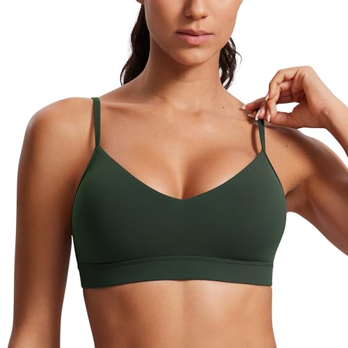 CRZ YOGA Butterluxe V Neck Sports Bras | Light Support, Removable Pads, Yoga, Extremely Soft, Square Back, Adjustable Spaghetti Straps, for Women - color: Legend Green, size: X-Small