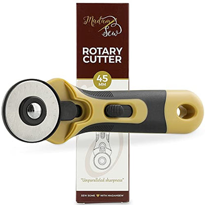 Madam Sew 45mm Rotary Cutter for Fabric | Precision Cloth Cutting Tool with Tungsten Steel Blade and Safety Guard | For Sewing, Arts & Crafts with Comfortable Handle | Craft Supplies - size: 45mm cutter