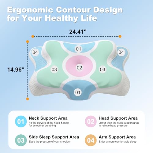 VYLEE Cervical Neck Pillow for Pain Relief, Cooling Memory Foam Pillow - color: Blue and White