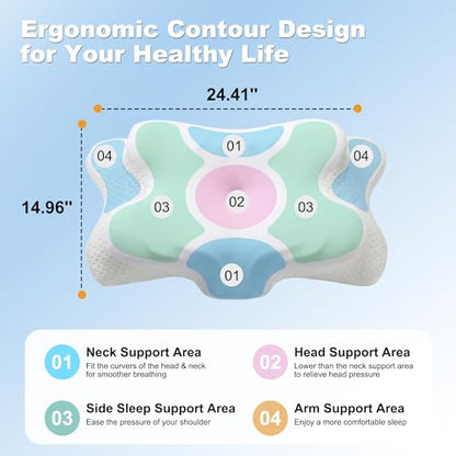 VYLEE Cervical Neck Pillow for Pain Relief, Cooling Memory Foam Pillow - color: Blue and White