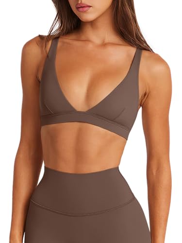 LASLULU Womens Deep V-Neck Sports Bra Padded Low Impact Yoga Workout Bra - color: Coffee Brown, size: X-Small