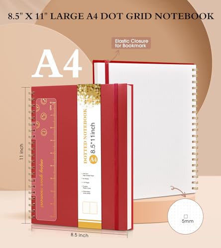 UEBZFOCS Dotted Notebook, Spiral Notebook Journal 8.5” x 11”, A4 Large Dot Grid Notebooks for Women Men, 100 GSM Dotted Paper, Plastic Hardcover Spiral Bullet Journals for Work School Sketching, Red - color: Red, size: Dotted