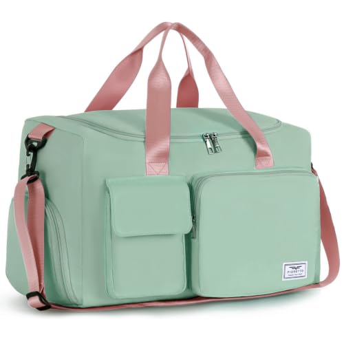 FIORETTO Women's Gym Duffle Bag with Shoes Compartment, 30L Capacity, Ideal for Travel, Gym, Sports, Duffel, Weekender - color: Green & Pink, style: Gym Bag