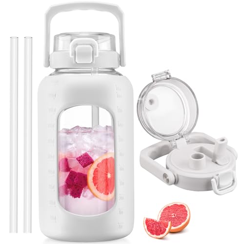 BLUEGO 84oz Glass Water Bottle with Straw and Handle, Large Water Bottle with Sip & Chug Lid, 2.5L Water Jug Silicone Sleeve with Time, Full Day Drinking Bottle for Sports BPA Free, White - color: White, size: 84 Ounces