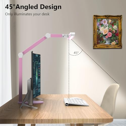 Led Desk Lamp with Base, Adjustable Tall Architect Desk Light for Home Office with Flexible Swing Arm, 24W Pink Bright Table Lamp Auto Dimming Computer Light for Workbench - color: Pink