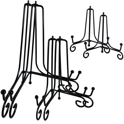 HENABLE 6PCS 3 Size Black Iron Plate Stands for Display - 4, 6, 8 Inch Decorative Metal Plate Holders - Mini Easel, Frame, Book, Card, Plaque, Bowl, Picture Display Stands - size: 6PCS 4 6 8IN