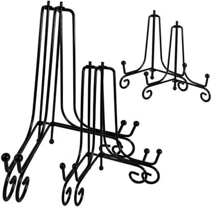 HENABLE 6PCS 3 Size Black Iron Plate Stands for Display - 4, 6, 8 Inch Decorative Metal Plate Holders - Mini Easel, Frame, Book, Card, Plaque, Bowl, Picture Display Stands - size: 6PCS 4 6 8IN