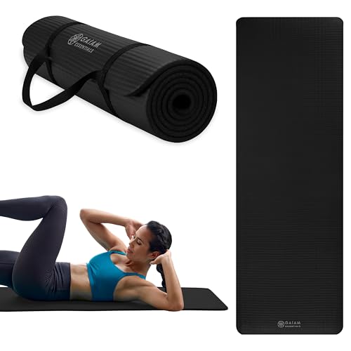 Gaiam Thick Yoga Mat, Exercise & Fitness Mat with Easy-Cinch Carrying Strap | Non-Slip NBR Foam | Joint Cushioning | Yoga, Pilates, Fitness & Floor Workouts | 72"L x 24"W - color: Black, size: 2/5" (10MM)