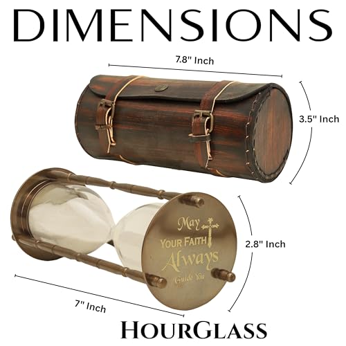 Antique Brass Sand Timer with Leather Case – Sand Timer with “May Your Faith Always Guide You” Engraving – Christian Gift for Men, Women, Religious Home Décor