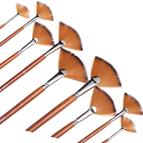 Artist Fan Paint Brushes Set,9 Pcs Professional Soft Anti-Shedding Fan Brush for Acrylic Oil Watercolor Gouache Painting Kits with Long Handle Nylon Hair