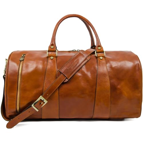 Time Resistance Leather Duffel Bag - Large Weekend Gym Travel Bag (Cognac Brown) - color: Brown