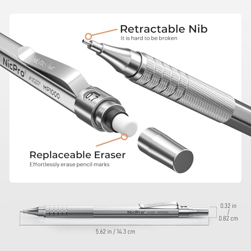 Nicpro Metal Mechanical Pencil Set 5 PCS Art Drafting Pencils For Sketching | 0.3, 0.5, 0.7, 0.9 mm & 2mm Graphite Lead Holder For Drawing With 9 Tubes (4B 2B HB 2H Colors) Lead Refills Erasers Case - color: Silver, style: 0.3 0.5 0.7 2.0
