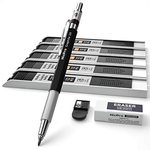 Nicpro 2mm Metal Mechanical Pencil Set with Case, 1PCS | Lead Pencil Holder 2.0 mm + 60PCS Lead Refills (4H 2H HB 2B 4B Color), 2mm Pencils for Drafting Writing Drawing Sketching - size: 1 Count (Pack of 1)