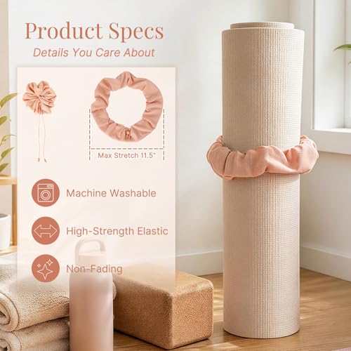 Aolamegs Adjustable Yoga Mat Scrunchie, 2-in-1 Mat Strap and Hair Tie, Fits All Standard & Extra Thick Yoga Mats - color: Pink Adjustable Elastic Mat Scrunchie
